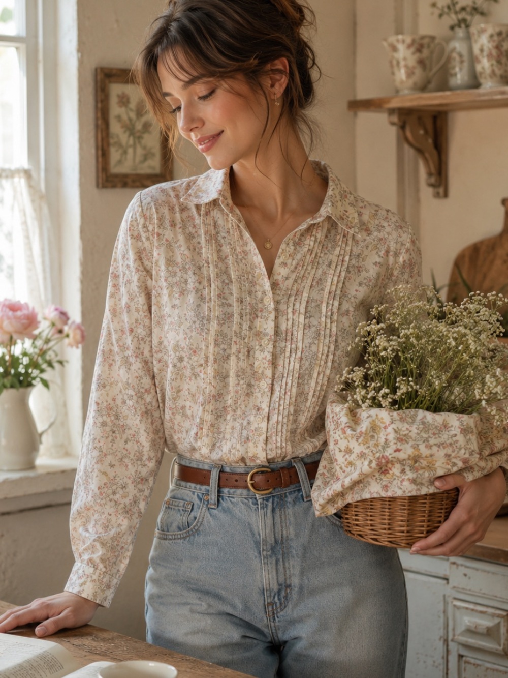 Tommy Hilfiger Cream cottagecore floral Pintuck Button-Up blouse